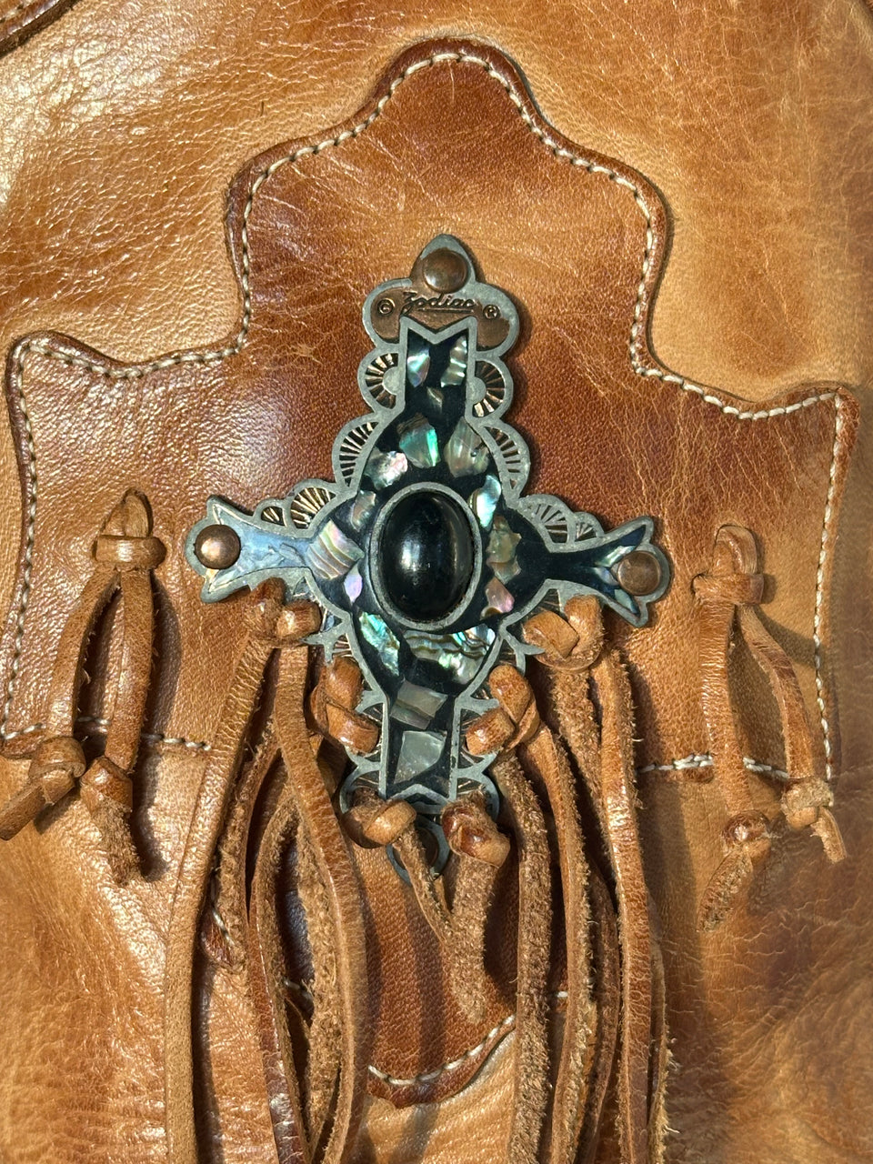 Vintage Zodiac boots with natural Abalone cross + fringe detail size 8/8.5