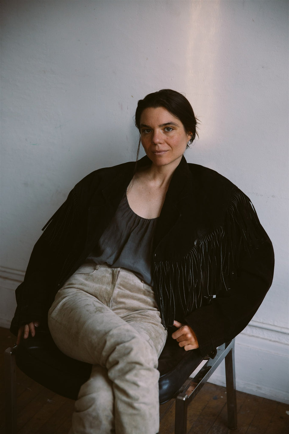 Byrne Baker Black Suede Fringed Bomber Jacket - XL