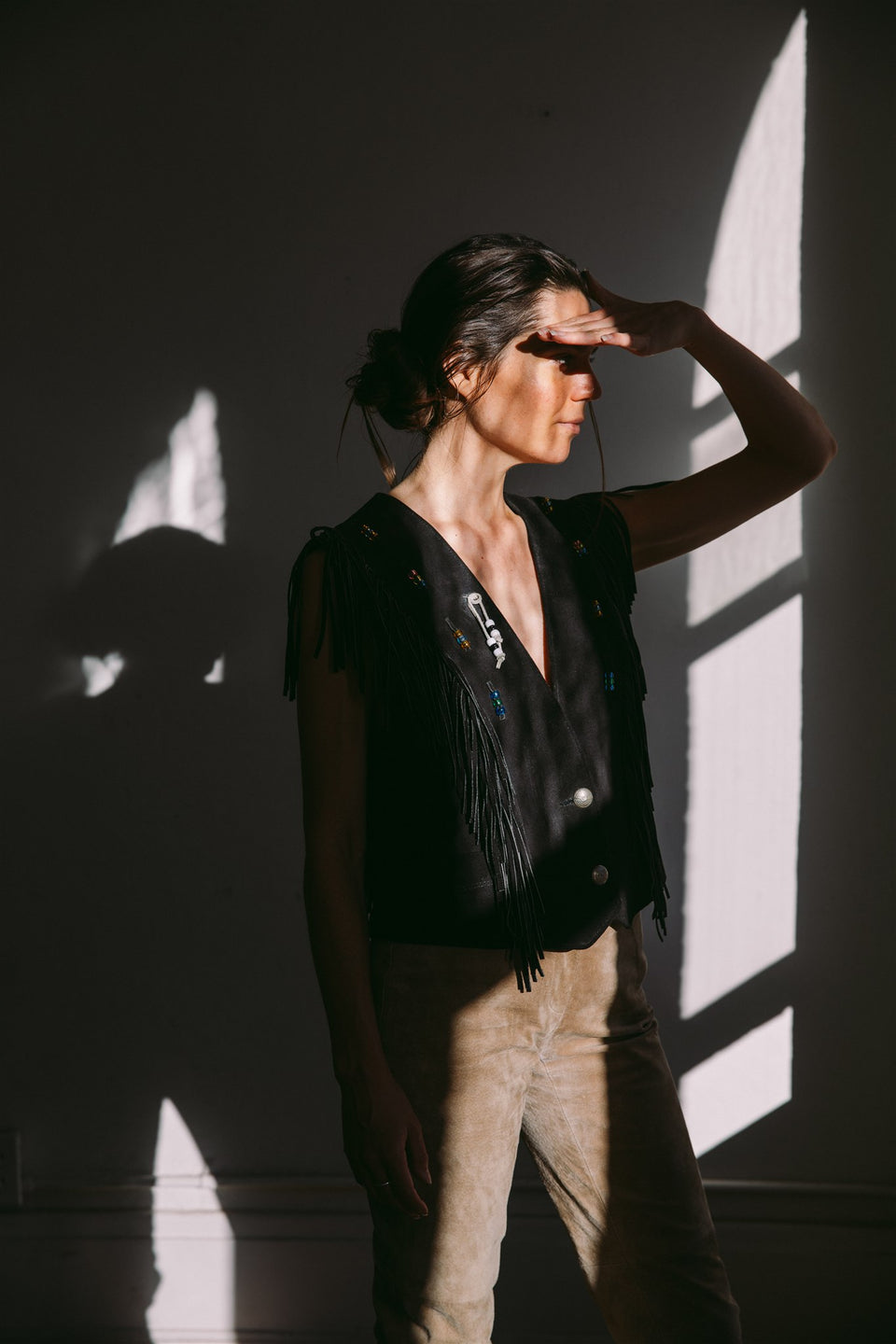 Vintage Suede "Pioneer Wear" fringe vest made in Albuquerque, USA