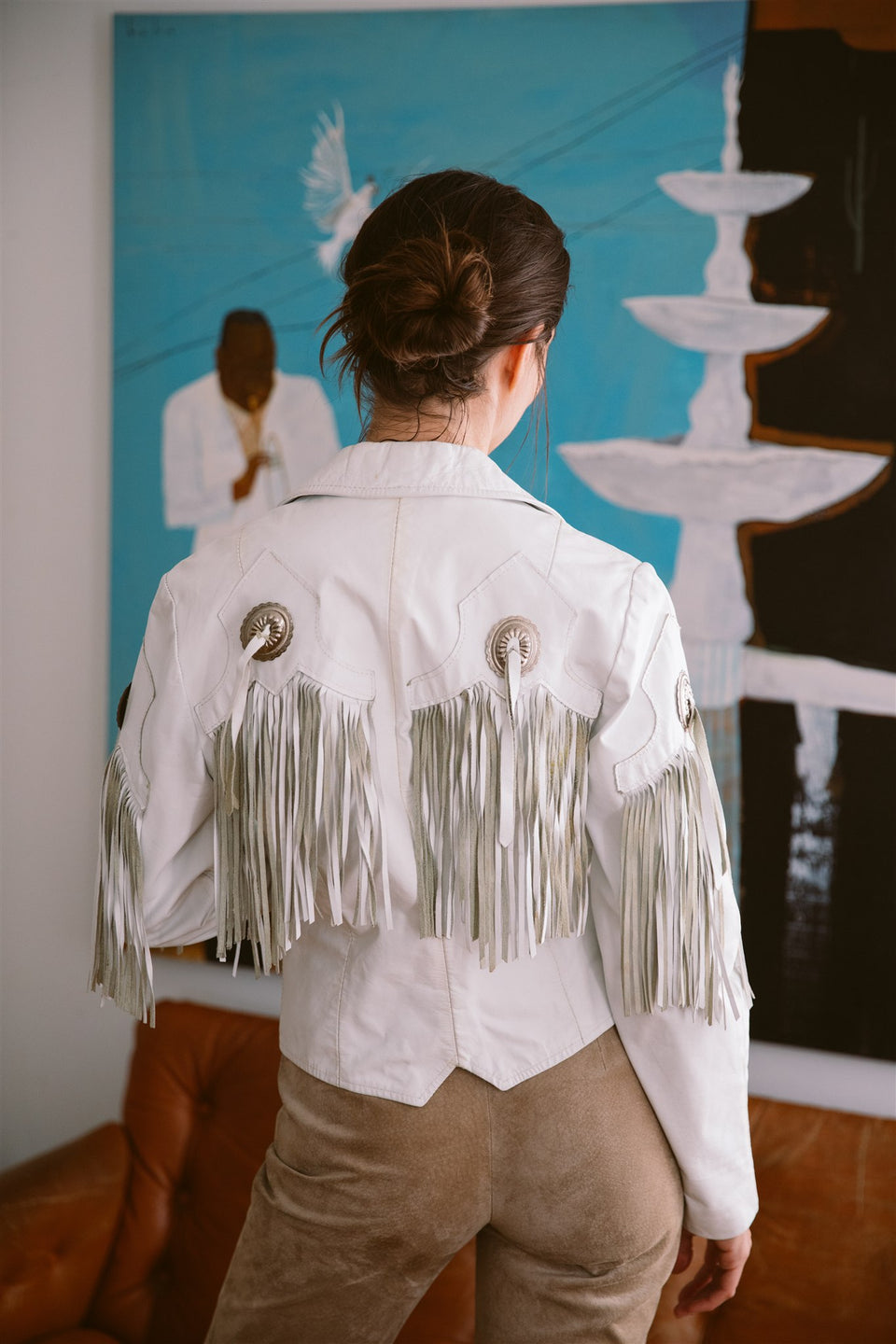 "pioneer wear" White leather fringe jacket